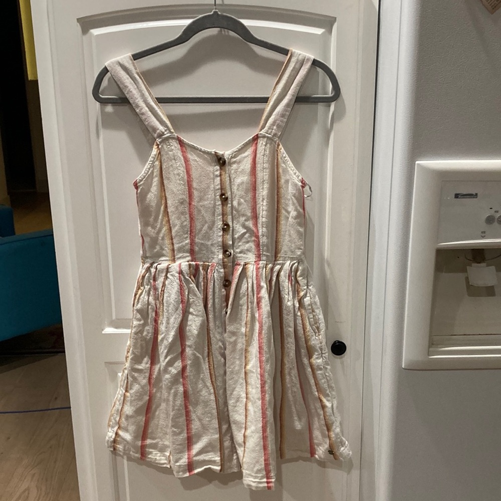 Roxy Small Dress Flare Sleeveless White Pink Striped Button Up Linen Blend